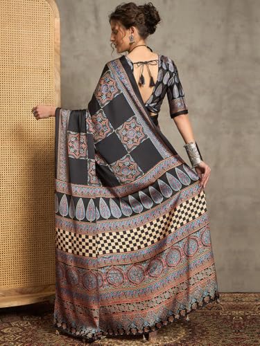 Image of AKHILAM Women's Pure Crepe Striped Printed Saree With Unstitched Blouse Piece