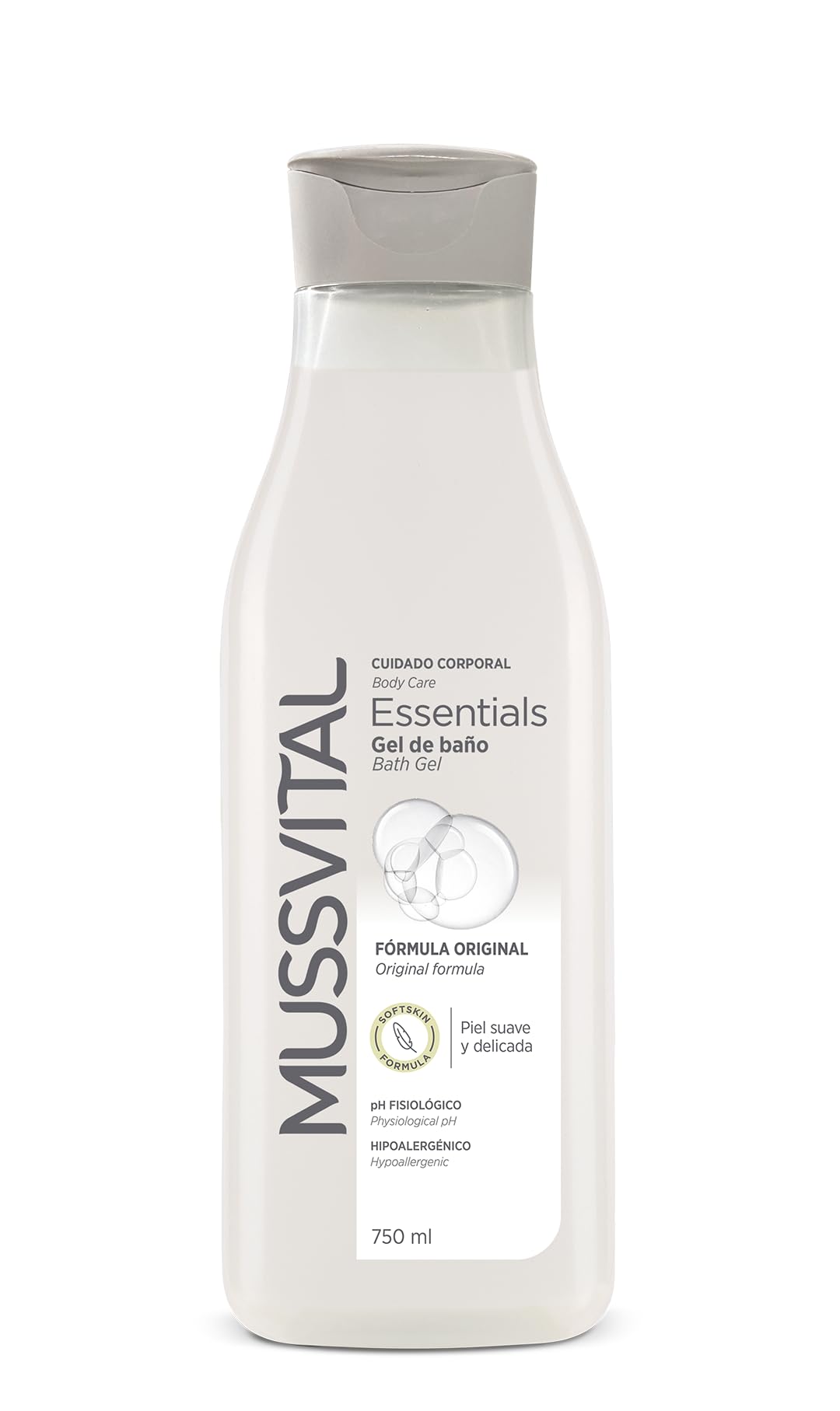MUSSVITAL Essentials Gel de Baño Original 750 ml, pH 5.5 Fisiológico, con Pantenol, Base Lavante Suave, Limpieza Diaria de la Piel, Higiene Corporal