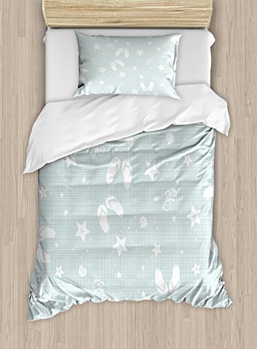 Ambesonne Aqua Duvet Cover Set, Beach Theme Design Shells Starfishes Flip Flops Glasses Summer Holiday Image, Decorative 2 Piece Bedding Set with 1 Pillow Sham, Twin Size, Seafoam and White