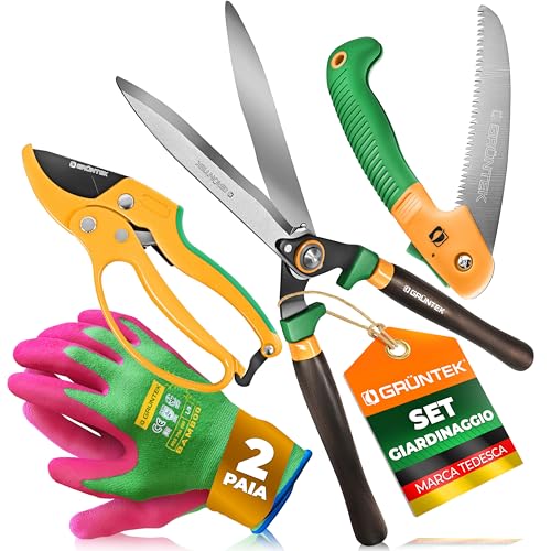 GRÜNTEK Idea regalo Giardinaggio Uomo Donna Utensili da Giardinoi: Forbici da Giardinaggio a Cricchetto, Cesoie da Siepe, Sega da Potatura Pieghevole, 2 Paia Guanti da Lavoro L/9 in Bambü.