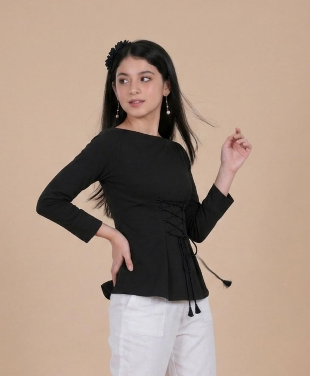 FELLAMO FM-Girls Front DORI TIE UP Boat Neck TOP-191 Black 12-13Y 3