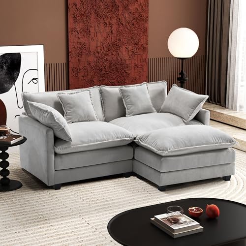 Image of Ihanherry 77 inch L Shaped Modern Sofa Modular Sectional Cloud Couch with Ottoman, 3-Seat Chenille Deep Seat Sofa with Pillow for Living Room, Bedroom and Apartment, Grey