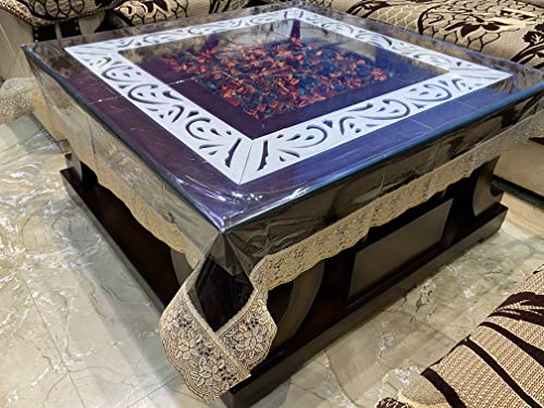 Jainco Decor Waterproof PVC Plastic Clear 4 Seater Square Table Cover (Transparent, Golden Lace, 48 x48 Thickness: 0.20mm)