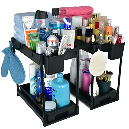 C&E- Under Sink Organizer And Storage 2-Pack- 2- Tier Kitchen Bathroom Storage Organizer With Sliding Drawers And Hanging Cups- Multipurpose Shelf Countertop Organizer- Organization Rack For Home #TOP1