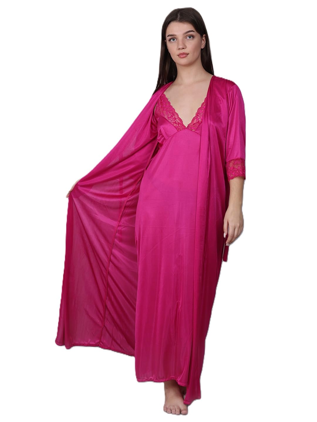 Elegant Black Satin Nightgown and Robe Set with Lace Trim, Long Length, 3/4 Sleeve-image-19