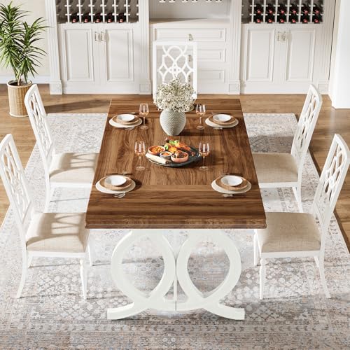 Tribesigns-Farmhouse-Dining-Table-for-6-8-People-709-Inch-Rectangular-Wood-Dining-Table-with-Thicken-Desktop-Rustic-Large-Kitchen-Table-Heavy-Double-Round-Wooden-Leg-for-Dining-Room-BrownWhite Tribesigns Farmhouse Dining Table for 6 8 People 709 Inch Rectangular Wood Dining Table with Thicken Desktop Rustic Large Kitchen Table Heavy Double Round Wooden Leg for Dining Room BrownWhite