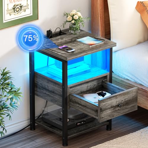 Besiost Nightstand Set of 2 with LED Lights, 3 Tier Night Stand with Charging Station, End Table Bedside Table with Adjustable Wood Drawer, Nightstand with USB Ports for Living Room, Bedroom, Gray