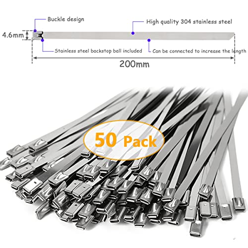 YUTOU Pack of 50 Stainless Steel Cable Ties 4.6 x 200 mm Self-Locking Cable Ties Metal Rustproof Multi-Purpose Durable Stainless Steel Ties for Organising Cables Workshop - Image 2