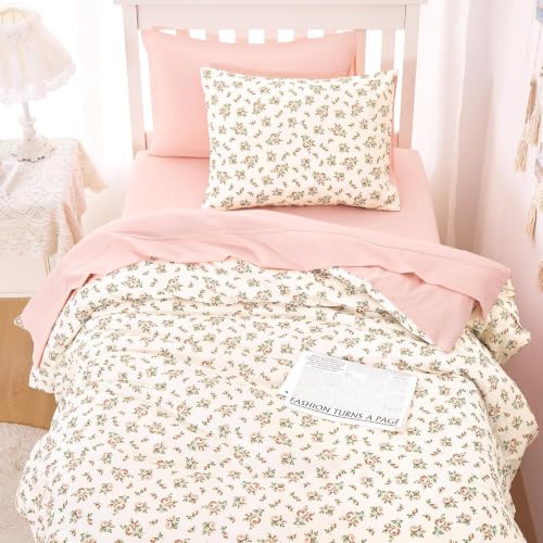 Image of Wake In Cloud - Floral Comforter Set, Coquette Cottagecore Aesthetic Flower Shabby Chic Pattern for Women Teen Girls, Soft Lightweight Bedding, 3 Pieces, Peach Blush, Twin /Twin XL Size