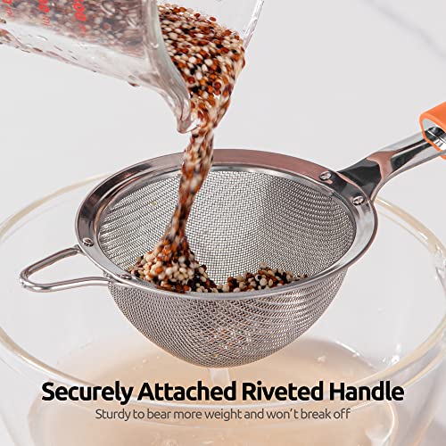 Image of 18 /8 Stainless Steel Mesh Strainer: U-Taste 3.9 Inch Kitchen Fine Mesh Sieve Food Colander with Riveted Sturdy Silicone Handle and 30 Mesh Hole for Straining Flour, Quinoa, Tea, Juice (Orange)