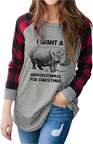 I Want A Hippopotamus for Christmas Shirt Top for Women Christmas Plaid Raglan Sleeve Baseball Shirt Tee (Gray, L)