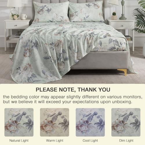 Image of Sage Green Floral Percale Sheets California King Deep Pocket, 4Pcs | 100% Cotton Neutral Printed Sheet Set, Flower Leaf Farmhouse Bed Sheets, Vintage Designer Bedding, Shabby Chic, Aesthetic