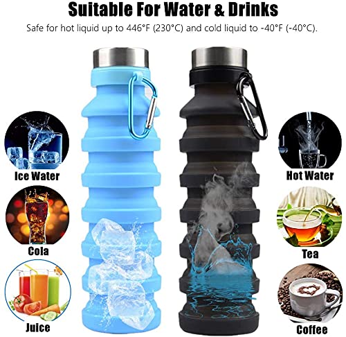 Image of we3 Collapsible Water Bottle, 550ml Reusable Silicone Light Water Bottles for Travel Outdoor Portable Leakproof Drinking Bottles with Carabiner (Blue, Pack of 2)
