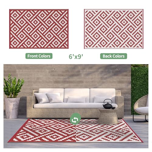 Image of GENIMO Outdoor Rug, Waterproof Plastic Rugs for Patio, 6'x9' Red White | Outside Larger Modern Carpet Mat for Porch Decor, Deck, Balcony, Camping, RV, Backyard, Picnic, Beach, Reversible, Foldable