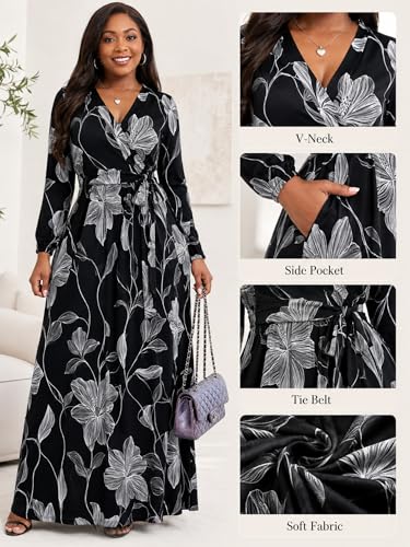 Image of PinkPatty Women's Long Sleeve Maxi Dress Plus Size Trendy Wedding Guest Wrap Dress with Pockets&Belt