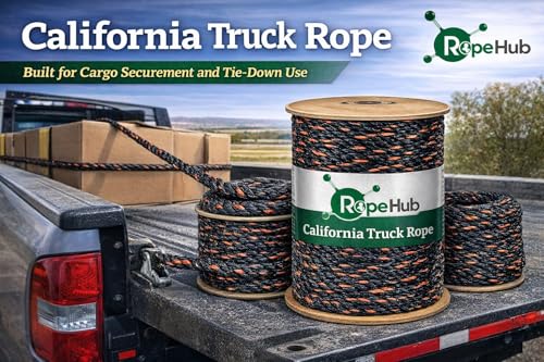 RopeHub California Truck Rope-Twisted 3-Strand Polypropylene Rope for Cargo Securement, Tie-Downs, Truck & Trailer Use-Black with Orange Tracer- 3/8" to 3/4", 10 ft to 600 ft - Thumbnail 2