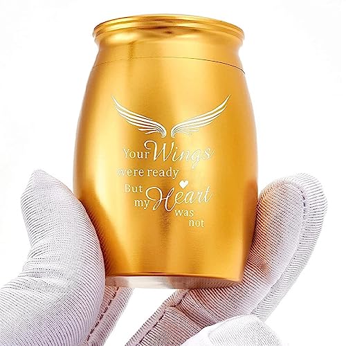 Image of Small Gold Cremation Urn for Human for Women Men with Velvet Bag | 2.6x1.7Inch Aluminum Mini Keepsake Urns for Ashes Adult Male /Female with Angel Wings