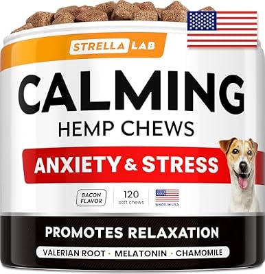 STRELLALAB Hemp Calming Chews for Dogs - Melatonin Dog Treats - Anxiety Relief - Calming Chews - Sleep & Stress Aid for Separation - 120ct Hickory Bacon Flavor