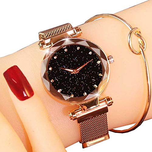 Image of Acnos Premium Rose-Gold Color 12 Point Diamond with Trending Magnetic Analogue Metal Strap Watch for Girl's and Women's Pack of - 1(DM-180)