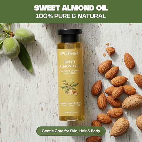 Image of VedaOils Sweet Almond Oil for Hair Growth 100ml | 100% Pure & Natural Cold Pressed Oil for Hair, Skin Care, Face & Body Moisturizer | Essential Oil