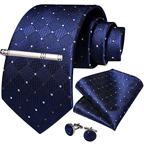 DiBanGu Plaid Ties for Men Silk Checkered Necktie and Pocket Square Cufflinks Tie Clip Set with Gift Box for Wedding Business, Navy - Thumbnail 3