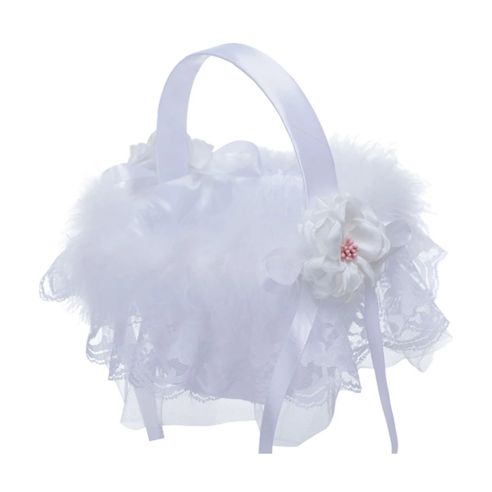 Wedding Petal Confetti Basket, Wedding Flower Basket White Bow Tie Satin Picnic 7.5x6x6 inches Handheld Photo Prop(White1)