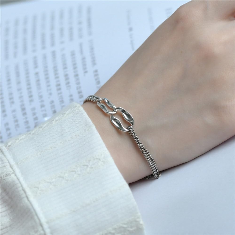 Armband Damen Silber,S925 Silber Armband Silber Doppelring Anhänger Schlangenkette Nähte Silberarmband Armreif Mit Verstellbarer Silberkette Glücksschmuck Für Frauen
