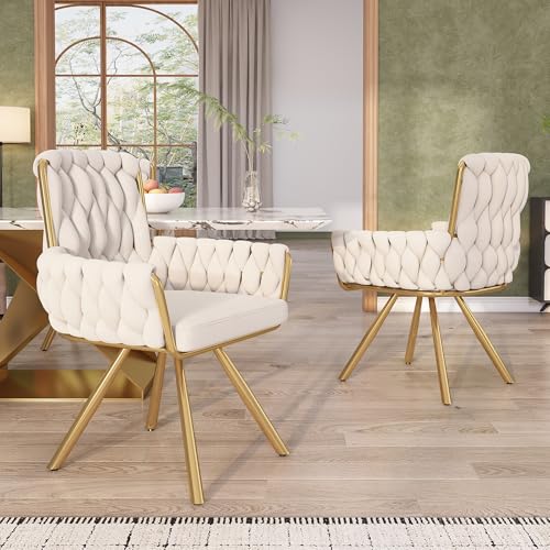 BTM Set of 2, Velvet Dining Chair, Armchair, Single Luxurious Living Room Chair, Bedroom Swivel Chair, Leisure Swivel Chair with 4 Metal Support Legs, Beige
