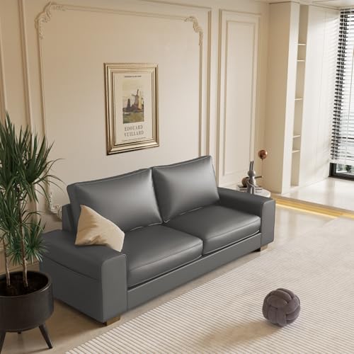 Image of Valthie Faux Leather Couch, Mid Century Modern Comfy Loveseat Sofa with Wide Arm, Side Pockets, Solid Wooden Frame for Office, Living Room and Bedroom, 3 Seater (Gery, 88.58 inches)