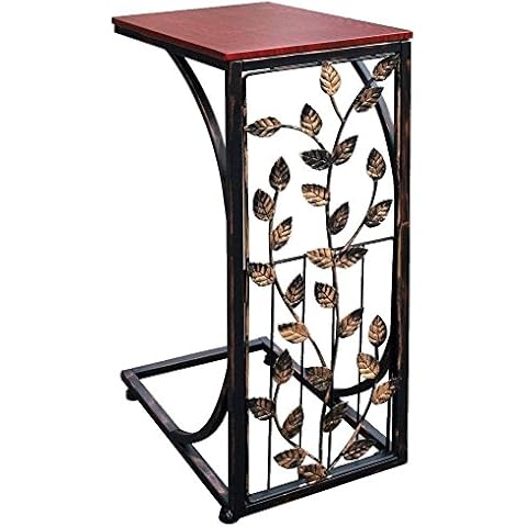 Sofa Side and End Table, Small - Metal, Dark Brown Wood Top With Leaf Design - Perfect for Your Living Room, Slides Up To Sofa / Chair / Recliner - Keep Snacks, Drinks Books & Phone At Easy Reach Cover