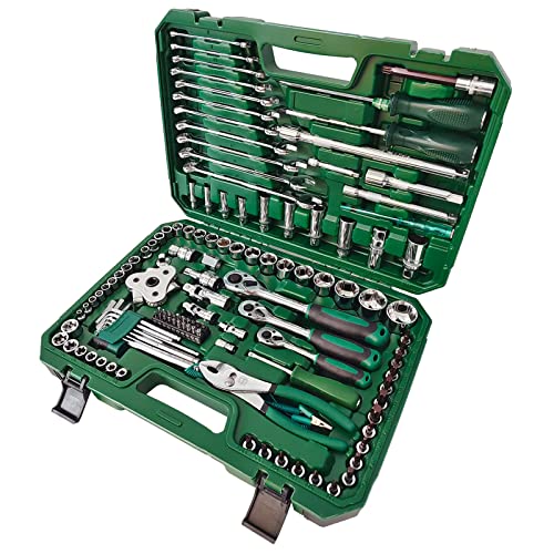 Lfgud 124-Piece Mechanics Tool Set, 1/2" 1/4" & 3/8" Drive Socket Tool Set - Including Ratchet Set Metric Sockets Wrenches Sets, For Auto Repair Machine Repair Inspection & Assembly #TOP2