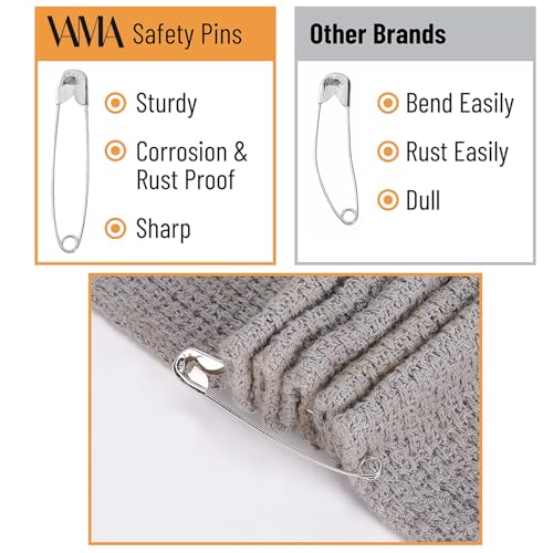Image of VAMA 300 Pcs 5 Assorted Sizes of Durable, Silver Small and Large Safety Pins Bulk, Rust-Resistant Nickel Plated Steel, Sharp Edge Pins for Clothes, Sewing, Arts & Craft