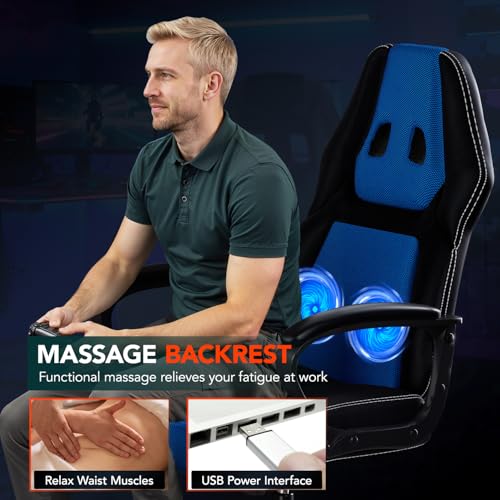 Image of BestOffice Gaming Chair with Massage, Ergonomic Office Desk Chair, Adjustable Lumbar Support & Headrest,Computer Task Chair, 360 Swivel for Adults (Blue)