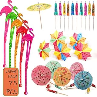 75Pcs Cocktail Accessories Stirrers, Flamingo Swizzle Sticks and 2 Kinds Paper Umbrella Sticks, Reusable Cocktail Decorations for Drinks Hawaiian Summer Party Pub Home Bar Accessories, Mixed Color