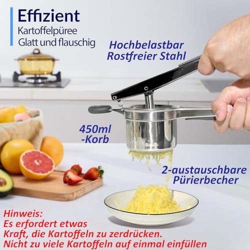 Kartoffelpresse für flauschiges Kartoffelpüree, 450ML, 2 austauschbare feste Scheiben, abnehmbare und strapazierfähige mit Silikongriff – Ansicht 5