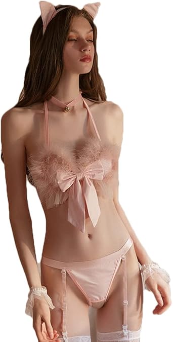 JasmyGirls Womens Sexy Cat Cosplay Lingerie Kawaii Anime Kitten Costume Furry Micro Bikini Cute Bra Panty with Garter Belt