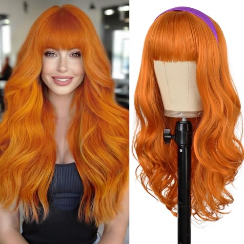 Perruque synthétique thermorésistante longue et bouclée orange pour un coiffage au fer