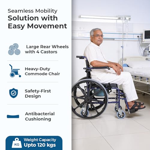 Image of Hero Ecomed Winn 304 C | Manual Wheelchair with Propelling Ring | Powder Coated MS Frame | High Back wheelchair | Commode Provision | For Patients & Elderly | 120 kg Capacity