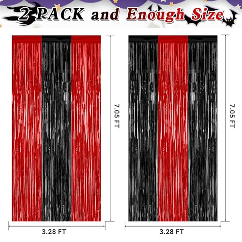 Image of ZATAYE 2 Pack Black Red Halloween Foil Curtain Streamer Decorations | Black Red, Metallic Foil, 3.28 x 7.05 FT, Tinsel Backdrop, Foil Curtain Streamer, Halloween Party
