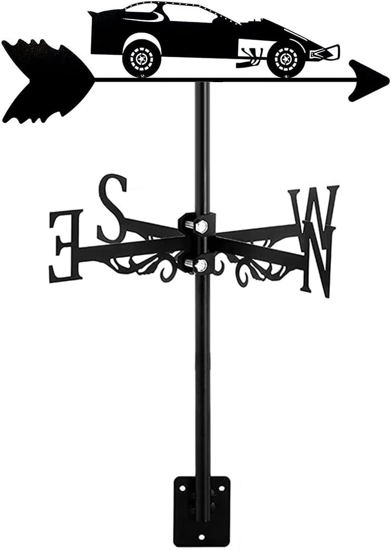 Weathervane with Sports Silhouette Ornament for The Garden Fence Shed Manor Lawn Outdoor Yard,Directional & Roof Mount Easy Use,Racing car