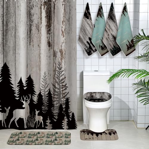 Honoson 8 Pcs Wildlife Animal Shower Curtain Set with Rugs