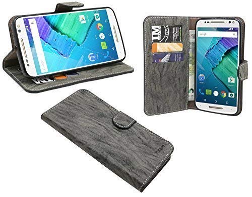 Energmix Elegante Buch-Tasche Hülle kompatibel mit Motorola Moto X Style in Anthrazit Leder Optik Wallet Book-Style Cover Schale