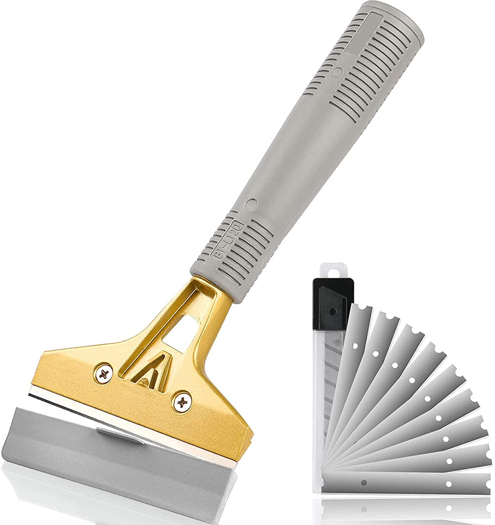 DELFINO Razor Blade Scraper, 4 Inch Scraper Tool with 10pcs Extra Metal Blades, Multi Purpose Heavy Duty Scraper for Window, Glass, Floor, Wall, Paint, Caulk, Labels, Adhesive, Sticker