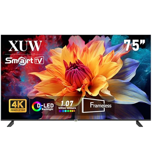 XUW 75inch UHD 4K Smart TV, D-LED backlight Television, Borderless Design,HDMI USB DVB-T2/S2 RJ45 Interface, large screen for living room, bedroom, home entertainment - black
