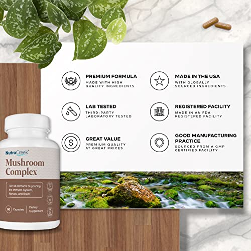 Nutracreek Mushroom Complex | Cordyceps Mushroom, Reishi, Shiitake, Maitake And Lions Mane Supplement. A 10-Mushroom Supplement To Support Your Mind And Body | 60 Mushroom Capsules #TOP6