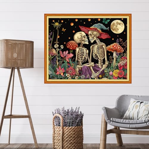 Image of Artvxeay Stamped Cross Stitch Kits - Embroidery Kits for Beginners Cross Stitch Kits for Adults 11 CT Printed Patterns Needlepoint Kits - Skeleton Couple Moon 16x20 inch