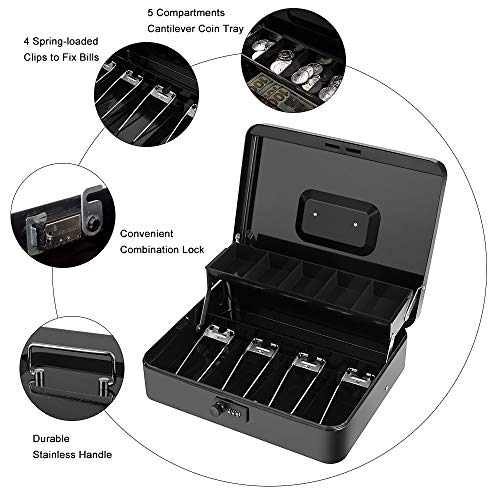 Image of Cash Box with Money Tray and Combination Lock Metal Money Box for Cash Register Tiered Lock Box for Money 11.8 inch x 9.4 inch x 3.54 inch Black