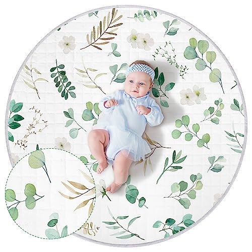 Image of Wesiti Baby Play Mat Non Slip 40 x 40'' Large Baby Activity Mat Round Tummy Time Washable Foldable Floor Pads for Infant Nursery Room Indoor Outdoor(Eucalyptus Leaf)