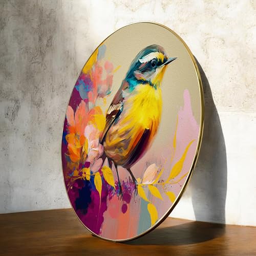 Image of PAINTINGMANTRA Birds Sitting on Tree Round Large Wall Art Painting for Living Room Decoration, Circular Gold Metal Finish Stylish Large Wall Art Print for Wall Decor (22x22 Inches)