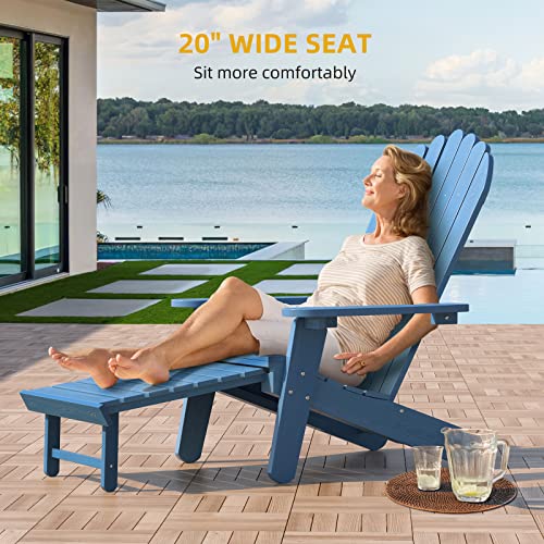 Dwvo Adirondack Chair, Weather Resistant Poly Resin Fire Pits Chair, Wood Grain Polystyrene Outdoor Chairs With Pullout Footrest For Patio Pool Deck Lawn And Garden, Navy Blue #TOP2